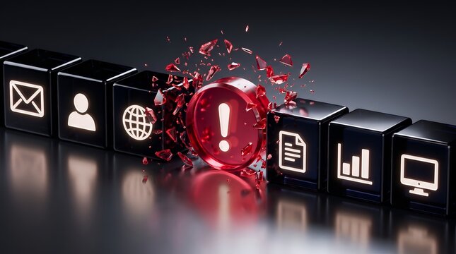 Red exclamation mark icon shattering on digital cubes with tech symbols