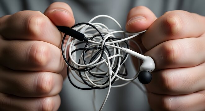 Person hands holding a messy tangled ball of white wired earphones