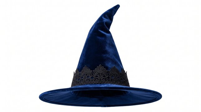 Blue velvet witch hat with black lace trim isolated on white background with halloween accessory headwear costume fashion fantasy pointed with sorcery