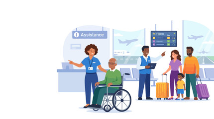 Fototapeta premium Flat vector illustration of airport assistance services helping an elderly man in a wheelchair and a family at the terminal