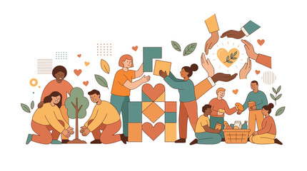 Fototapeta premium Diverse group of volunteers working together on charity, community support, planting trees, and donating food illustration