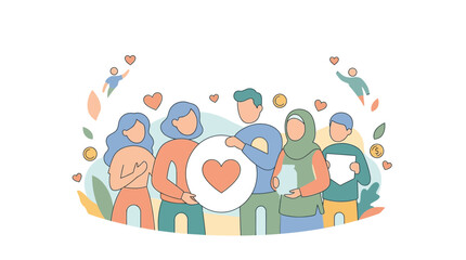 Fototapeta premium Diverse group of volunteers holding donation jar and heart symbol, community support and charity concept flat illustration