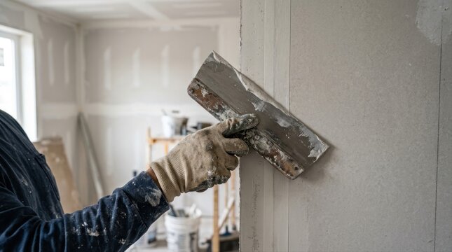 Construction worker applying plaster to drywall in interior renovation