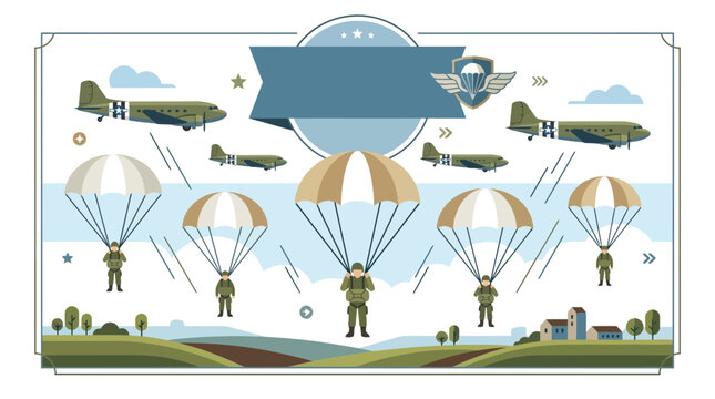 Vintage military paratrooper vector banner showing soldiers parachuting from retro cargo transport planes over green hills