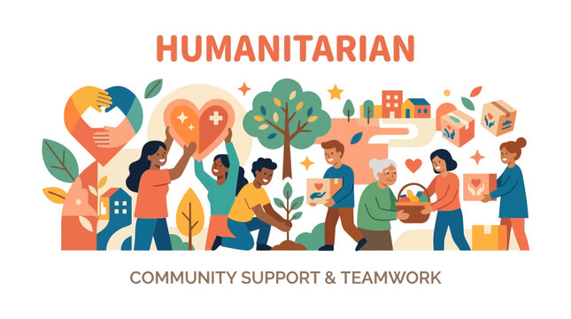 Flat illustration of diverse volunteers planting trees, donating food boxes, and helping elderly people in a supportive community