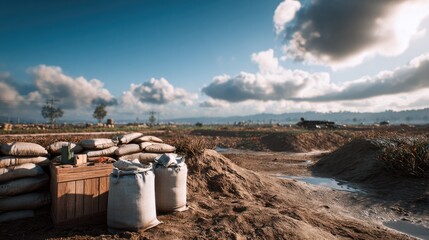 Fototapeta premium Fortified Landscape: A rugged terrain featuring sandbag fortifications and muddy puddles under a dramatic sky with scattered clouds.