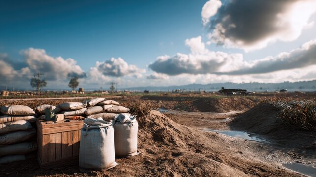 Fortified Landscape: A rugged terrain featuring sandbag fortifications and muddy puddles under a dramatic sky with scattered clouds.