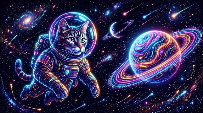 Vibrant Neon Astronaut Cat Floating in Outer Space with Saturn Planet and Glowing Galaxy Stars