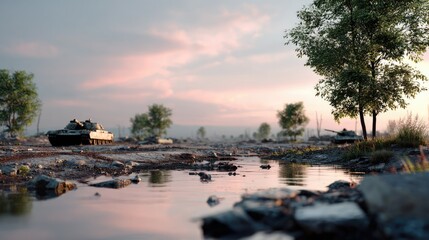 Fototapeta premium Wartorn Landscape: Tanks sit amidst a desolate, war-torn landscape under a soft, ethereal sunset sky, reflecting the grim reality of conflict and destruction.