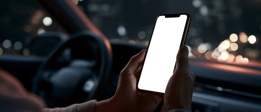 Person holding smartphone with blank screen inside car at night with blurred city lights