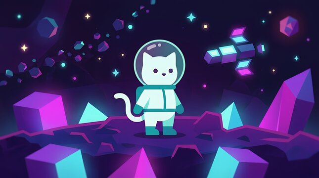 Cute cat astronaut in a white spacesuit standing on an alien planet with glowing purple crystals