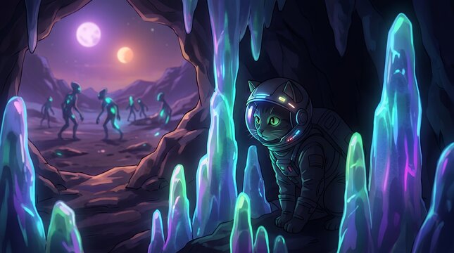 Astronaut cat in a spacesuit hiding inside a glowing crystal cave on an alien planet with aliens