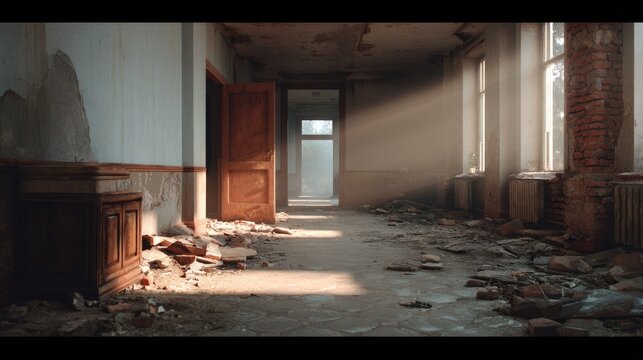 Abandoned Hallway: A sun-drenched, derelict hallway with crumbling walls, debris-strewn floor, and broken windows evokes a sense of desolation and mystery.