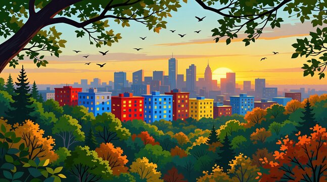 Colorful buildings sit on a hill overlooking a city skyline at sunset. Trees show autumn leaves framing the scene. Birds fly in the warm orange sky. Nature and city blend in peaceful twilight hour.