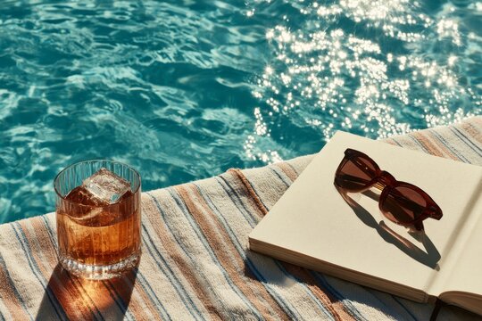 Poolside relaxation with iced drink, sunglasses and open book on striped towel in summer sunlight