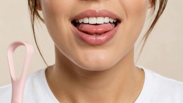  Close-up of young woman cleaning her tongue with a pink plastic tongue scraper, daily oral hygiene and dental care routine