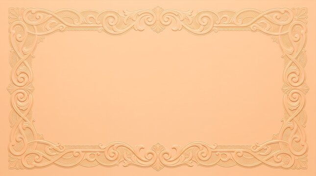 Elegant embossed paper background with copy space on peach apricot paper featuring a delicate floral scrollwork frame and refined letterpress relief for luxury wedding stationery and invitation design