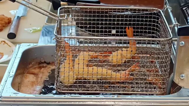 Chef finishing cooking ebi fry shrimp prawns and lifting deep fryer basket, Japanese Fast Food Kitchen Cookware, Bubbling Cooking Oil, Seafood Cuisine, Catering Industry
