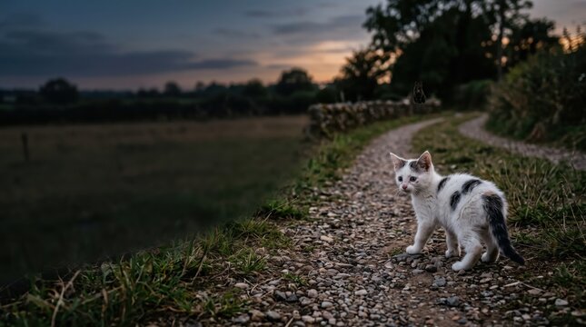 Lost kitten on gravel path with mother watching from a low wall and copy space for emotional visual narratives