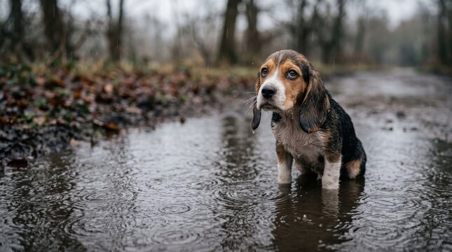 Lost puppy with pleading eyes sitting in a rain puddle with head tilted and copy space for compassion narratives