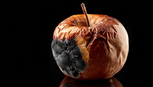 a rotten apple with black mold on a black background
