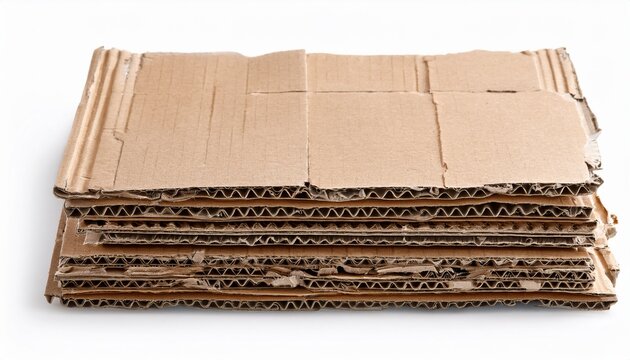 stack of torn corrugated cardboard pieces with rough edges isolated on white background