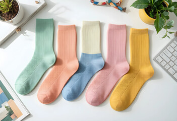 Fototapeta premium Row of five colorful ribbed socks in pastel shades of mint green, peach, blue, pink, and yellow on a white surface