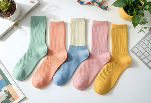 Row of five colorful ribbed socks in pastel shades of mint green, peach, blue, pink, and yellow on a white surface
