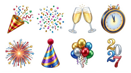 Obraz premium Celebration elements with confetti champagne clock fireworks party hat balloons and numbers isolated on transparent background