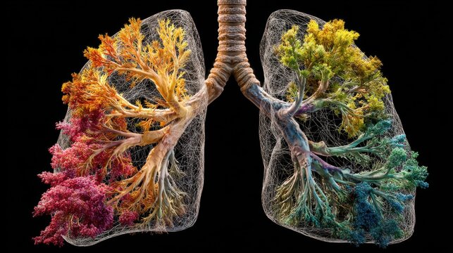 Detailed human lung structure displays colorful bronchial branches and microscopic network of vessels.