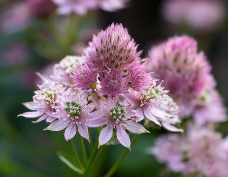 close up of pink astrantia flower cluster for botanical and garden imagery selective focus