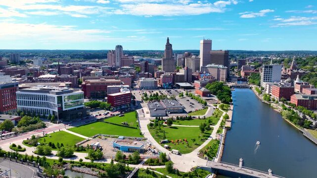 Providence River aerial view including Michael S. Van Leesten Memorial Bridge, with modern city skyline at the background, downtown Providence, Rhode Island RI, USA.