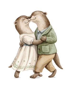 Vintage cartoon composition with pair couple of otters animals characters dancing in clothes isolated on white background. Watercolor hand drawn illustration sketch