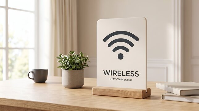 Wireless sign with wifi symbol and text on wooden table