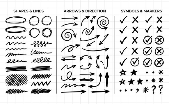 Hand Drawn Doodle Set, Categorized Shapes, Lines, Arrows, Symbols and Markers, Cute Scribble Underlines, Line Art Vector