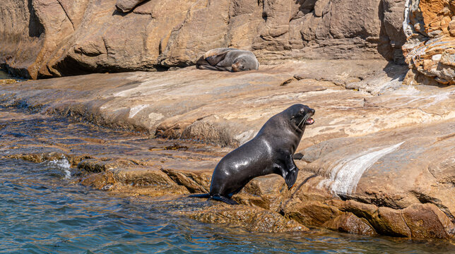 Neuseelaendischer Seebaer Arctocephalus forsteri klettert aus dem Meer bei Shag Point Neuseeland