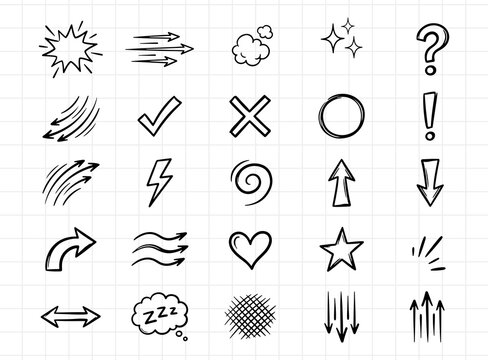 Hand Drawn Comic Doodle Element Set, Cute Sketch Explosion Burst, Speed Arrows, Cloud, Sparkle, Heart, Star Line Art Vector
