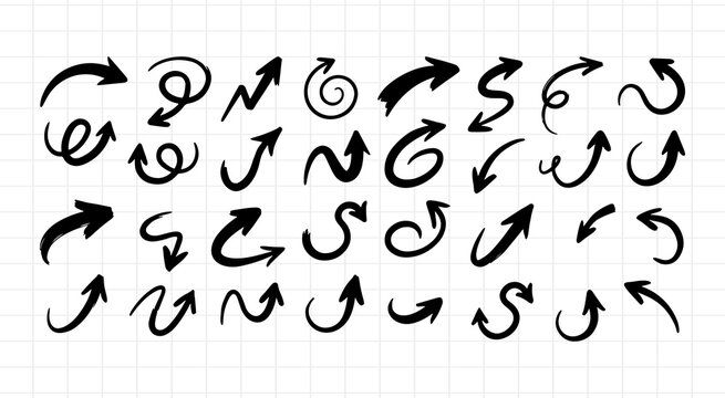 Hand Drawn Doodle Arrow Icon Set, Black Scribble Curved, Wavy and Spiral Pointer Symbols, Sketch Line Art Vector
