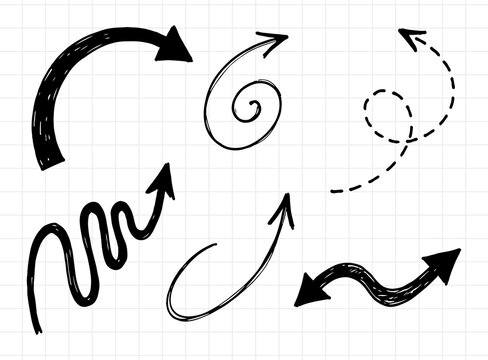 Hand Drawn Doodle Curved Arrow Vector Set, Cute Scribble Spiral, Wavy, and Dashed Line Pointers, Sketch Line Art Vector