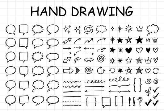 Hand Drawn Doodle Speech Bubble and Arrow Set, Cute Scribble Elements, Sketch Star, Heart, Sparkle Line Art Vector