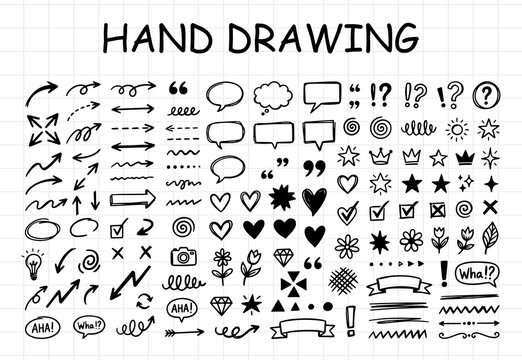 Hand Drawn Doodle Arrow and Speech Bubble Icon Set, Cute Scribble Elements, Sketch Heart, Star, Sparkle Line Art Vector