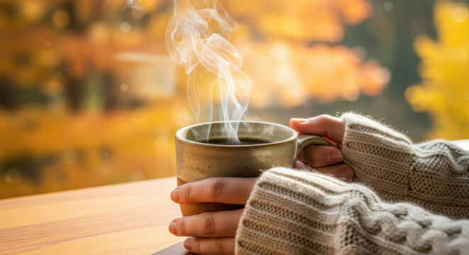 Hands Holding Steaming Ceramic Mug of Hot Coffee Outdoors During Autum