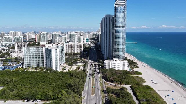 Sunny Isles Skyline In Sunny Isles Beach Florida United States. Aerial View Of A Bustling City With High-Rise Buildings And Traffic. Bay Water Landscape. Landmark Coast. Sunny Isles Beach Florida.