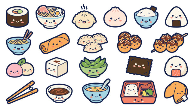 Cute Asian Food Sushi Ramen Dumplings and Bento Sticker Bundle Vector