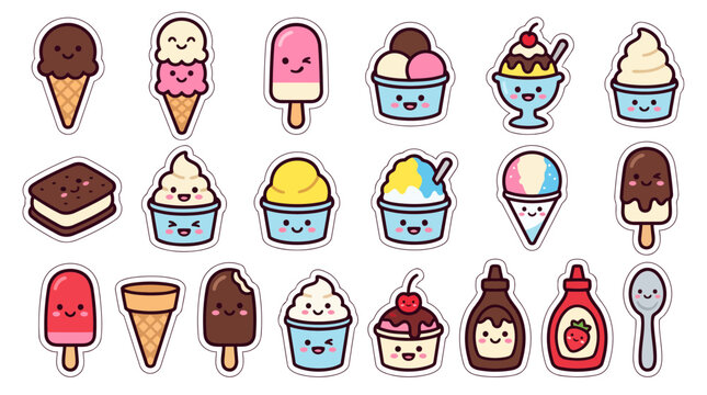 Cute Ice Cream Popsicle and Frozen Dessert Sticker Bundle Vector