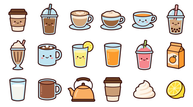 Cute Caf&eacute; Drinks Coffee Tea Bubble Tea and Smoothie Sticker Bundle