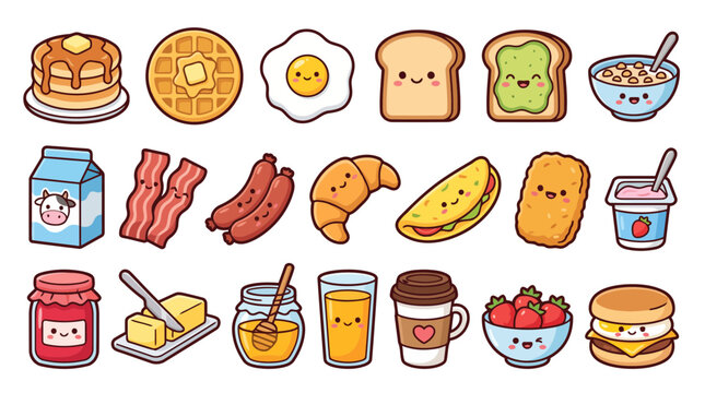 Cute Breakfast Food Sticker Bundle Pancakes Egg Toast and Coffee Vector