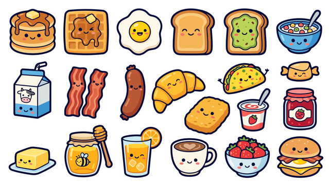 Cute Breakfast Food Sticker Bundle Pancakes Egg Toast and Coffee Vector