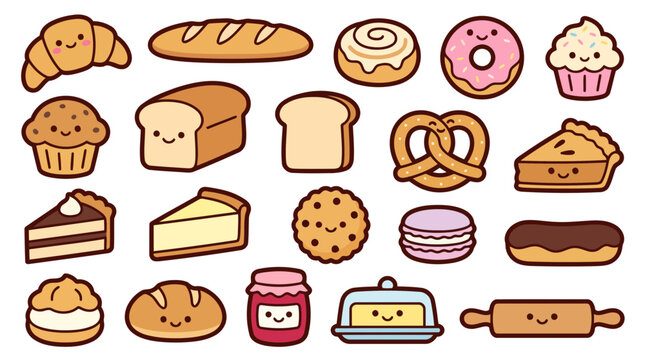 Cute Bakery Pastry and Dessert Sticker Bundle Flat Vector Collection