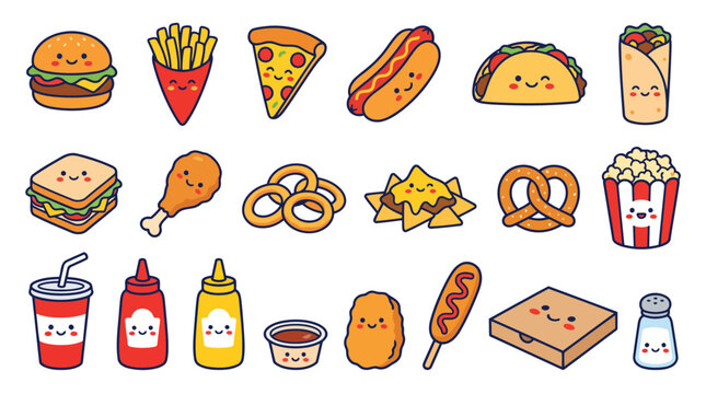 Cute Fast Food Sticker Bundle Burger Pizza Fries and Snacks Flat Vector